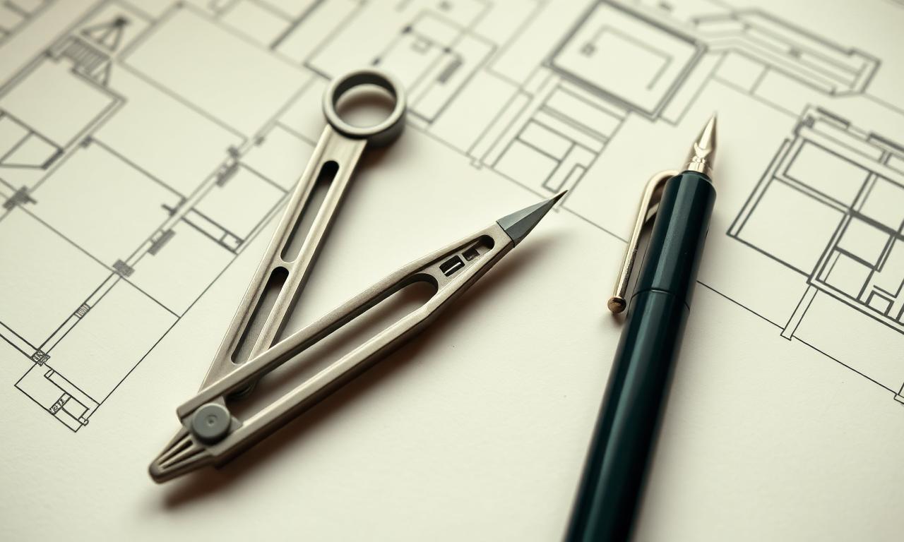 Architectural blueprints with a precision drafting compass and fountain pen — custom website design for trade contractors