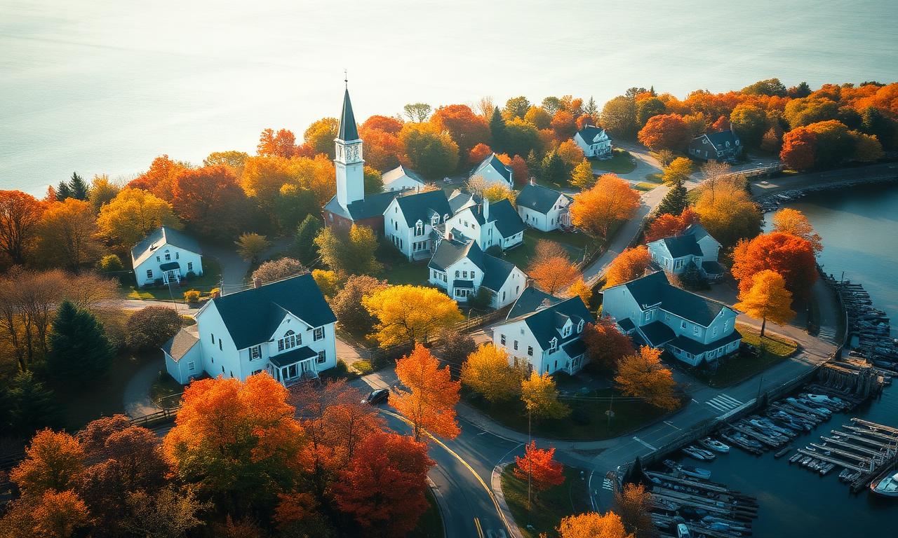 Aerial view of a small New England coastal town in autumn — local SEO for trade contractors