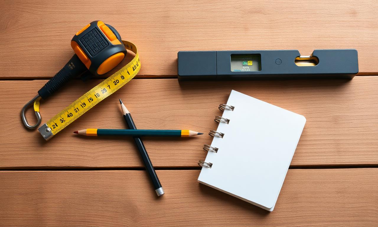 Contractor tools — tape measure, level, pencil and notebook on a wooden workbench representing trade contractor marketing fundamentals