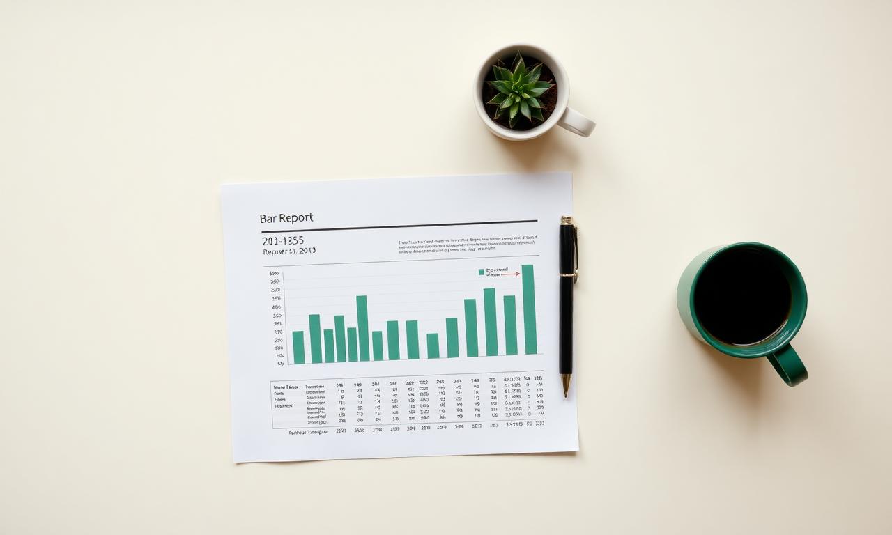 Overhead view of a printed bar chart SEO report on a clean desk — monthly SEO reporting for trade contractors